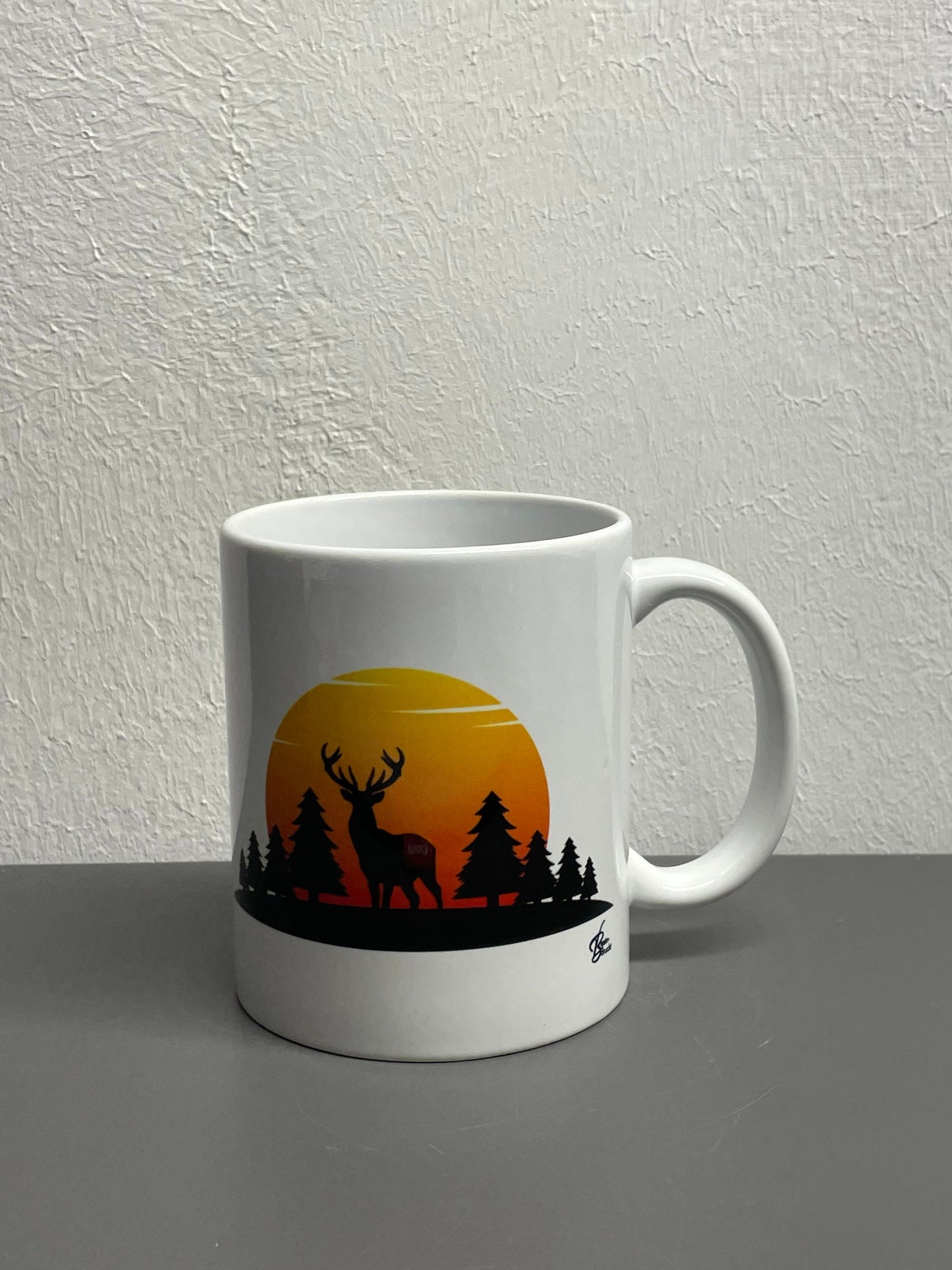 Hirsch im Wald bei Sonnenuntergang Kaffeetasse Jagd Tasse mit Geweih - individuell mit Namen oder Botschaft personalisierbar