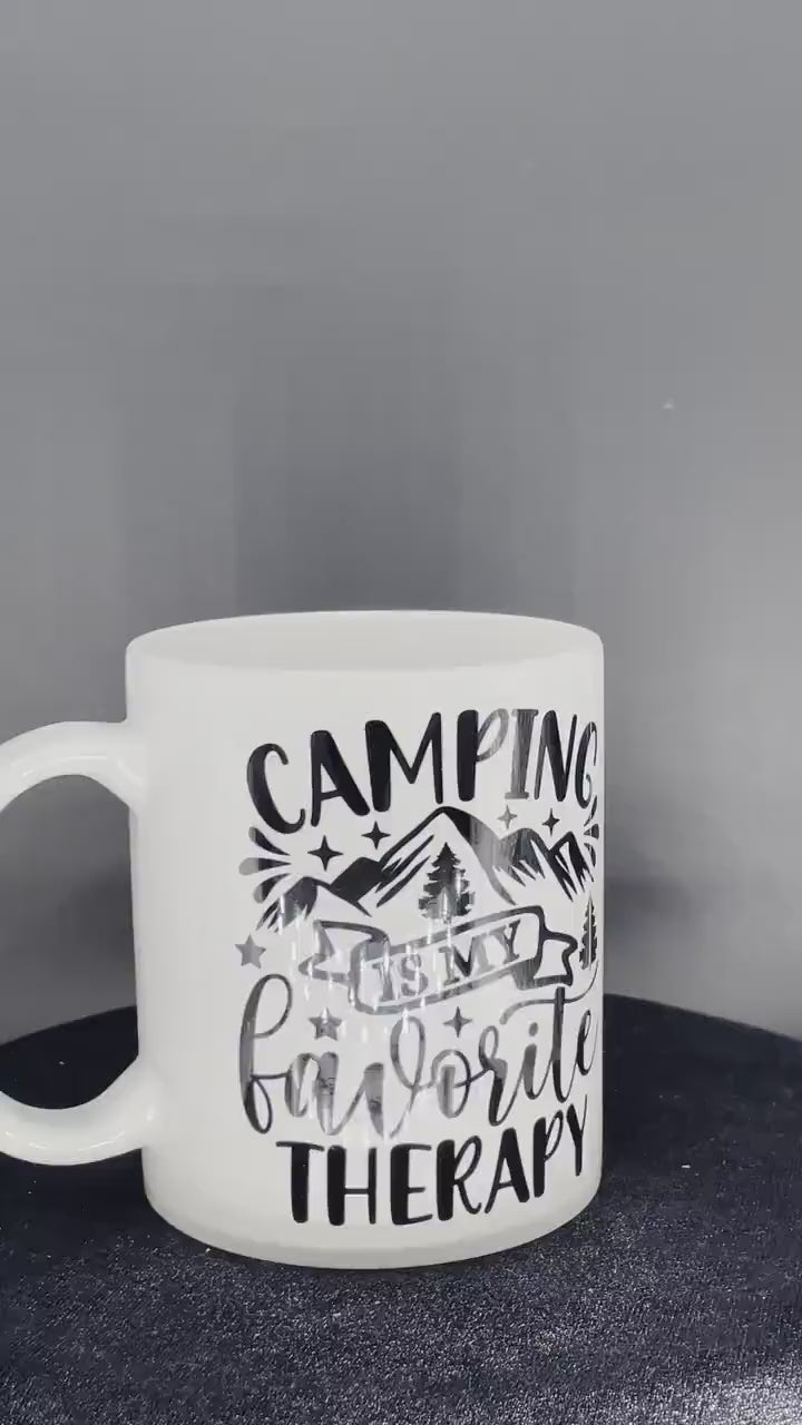 Camping coffee cup Camping is my favorite therapy - customizable with name or message personalized available in 7 colors