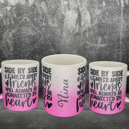 Glitzer-Kaffeetasse Beste Freunde Connected by Heart - Lieblingsmenschen Tasse - individualisierbar mit Namen oder Botschaft personalisiert