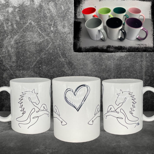 Kaffeetasse Pferd Line Art Herz - individualisierbar mit Namen vom Pferd oder Reiter oder Botschaft personalisiert