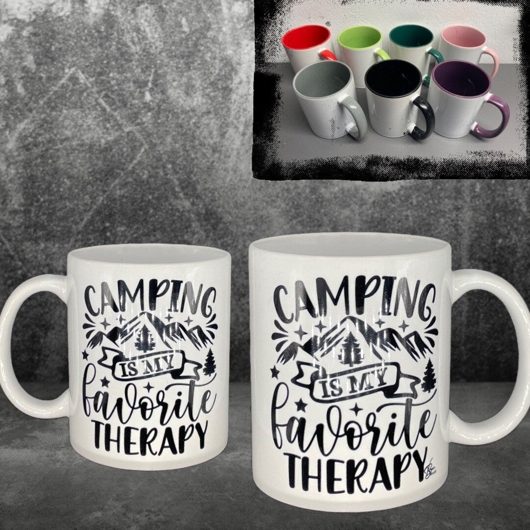 Camping coffee cup Camping is my favorite therapy - customizable with name or message personalized available in 7 colors