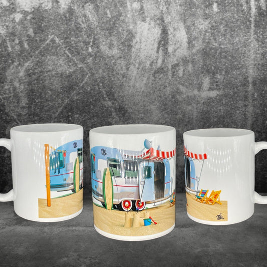 Camping Kaffeetasse amerikanischer Wohnwagen am Strand Caravan Camper - individuell mit Namen oder Botschaft personalisierbar