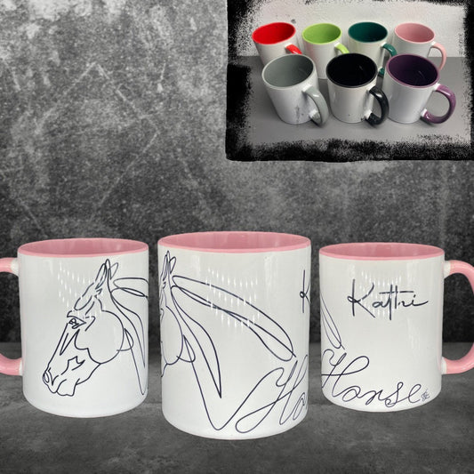 Kaffeetasse Pferd Line Art Horse mit Namen - individuell mit Namen vom Pferd oder Reiter oder Botschaft personalisierbar zweifarbig