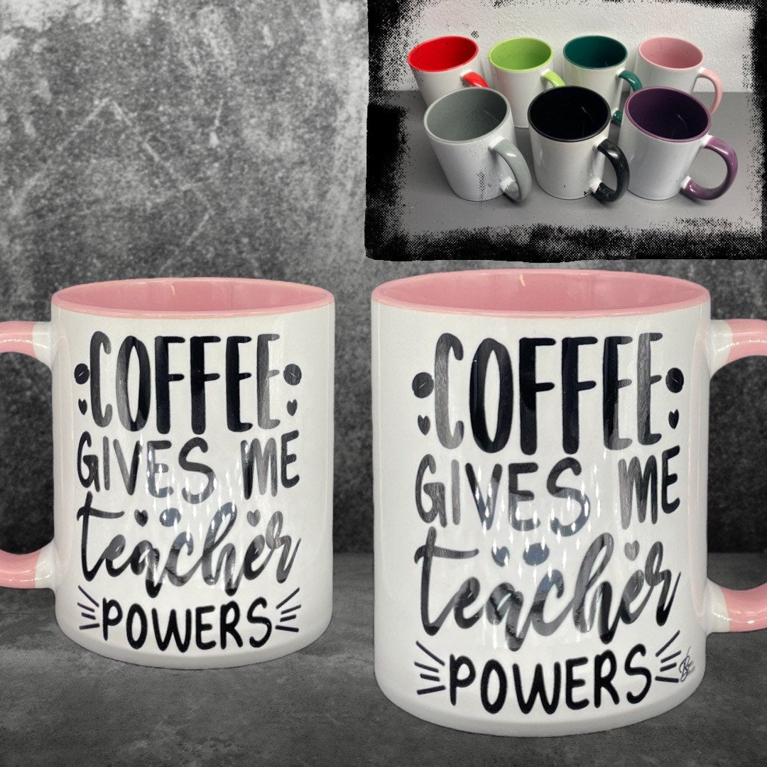 Teacher coffee cup Coffee gives me teacher power - customizable with name or message personalized available in 8 colors