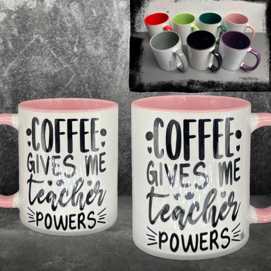 Lehrer Kaffeetasse Coffee gives me teacher power - individualisierbar mit Namen oder Botschaft personalisiert in 8 Farben erhältlich