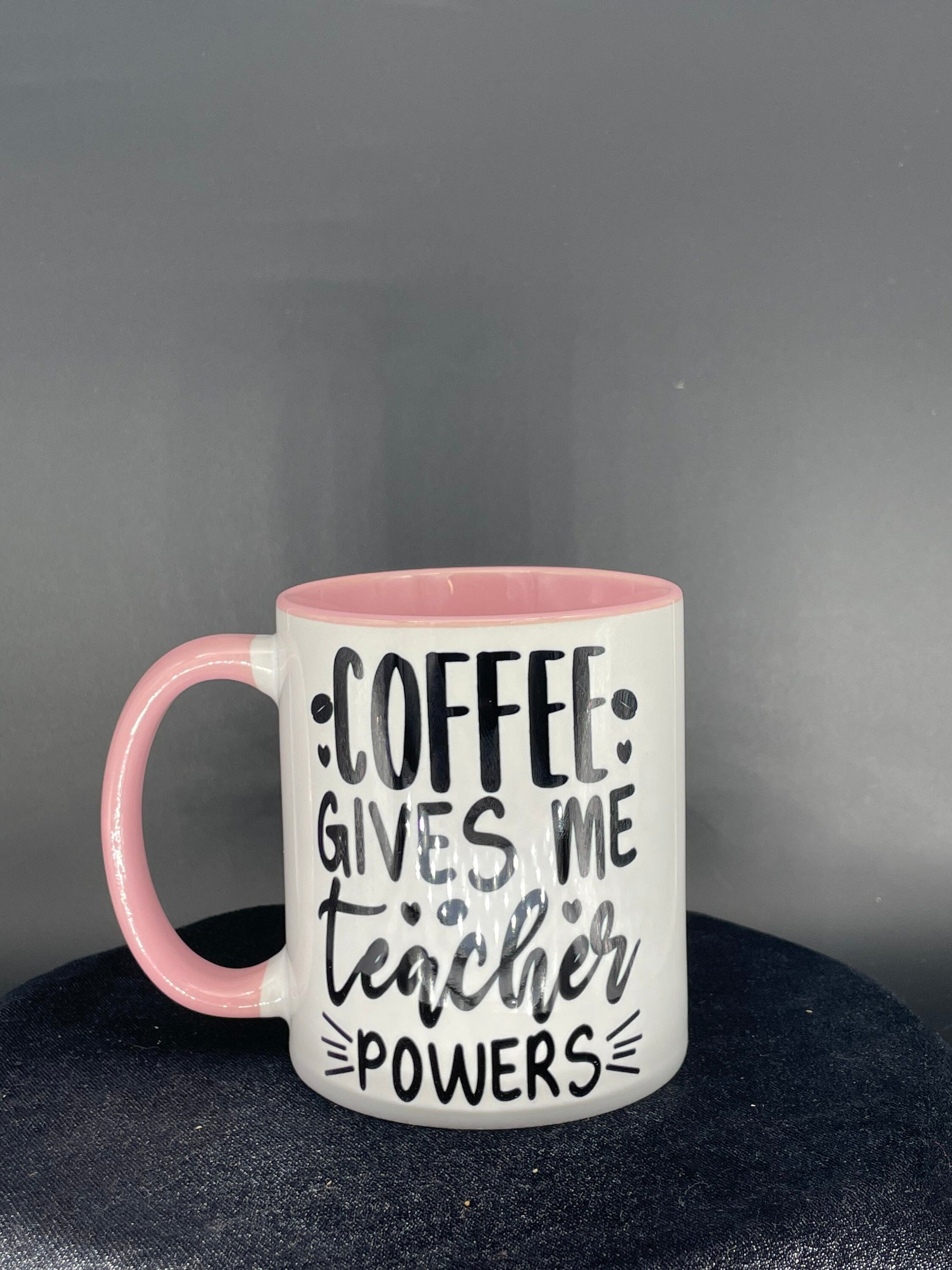 Teacher coffee cup Coffee gives me teacher power - customizable with name or message personalized available in 8 colors