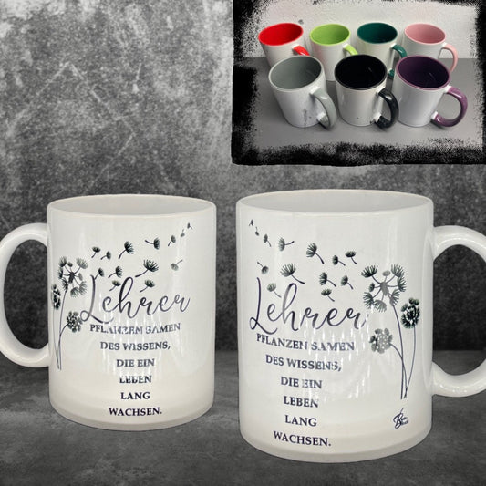 Lehrer Kaffeetasse Pflanzensamen des Wissens - individualisierbar mit Namen oder Botschaft personalisiert in 7 Farben erhältlich